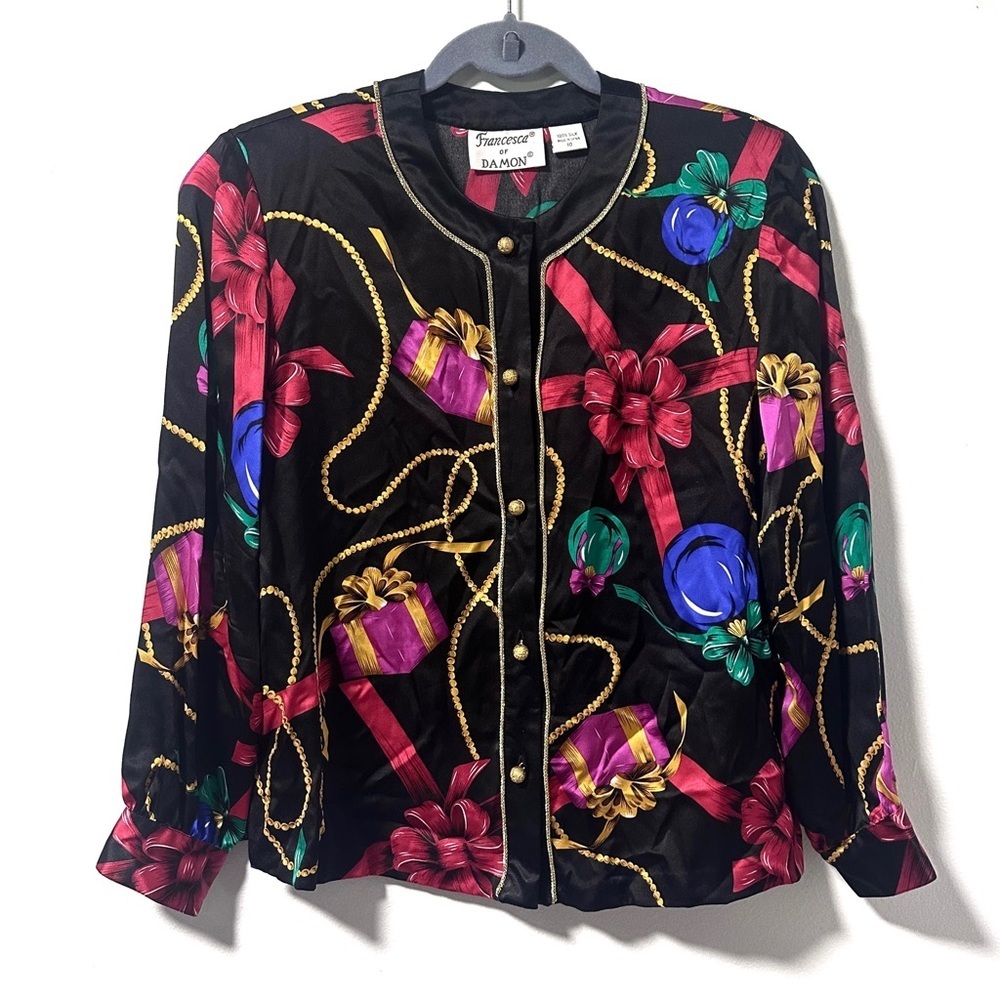 Vintage Francesca of Damon 100% Silk Christmas Presents Ornaments Blouse Size 10